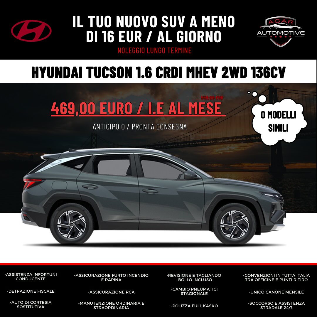 Vuoi un’auto, ma senza il drama della relazione seria? 
Con le promo di fine anno, il noleggio a breve termine è il match perfetto: zero impegni, solo libertà. 
Swipe right sulla tua prossima avventura! 
————————
SERVIZI INCLUSI:
-Assicurazione infortuni conducente
-strisce blu gratuite
-Soccorso e assistenza stradale 24/7
-Assicurazione furto, incendio e rapina
-Polizza full KasKo
-assicurazione RCA
-manutenzione ordinaria (tagliando) e straordinaria
-revisione inclusa
-bollo incluso
-gestione sinistri
-servizi garantiti per tutta la durata del contratto
-detrazione sulle tasse (in base al regime)
-unico canone mensile
-cambio pneumatici illimitato
-auto di cortesia
-convenzioni in tutta Italia (più di 5000 strutture convenzionate tra officine autorizzate e punti vendita in tutta Italia)
-Garanzia in tutta la durata del contratto
-Consegna a domicilio
————————
AGAR AUTOMOTIVE QUI PER TE
Www.agarautomotive.com
0824 045758
TI ASPETTIAMO!
#audi #alfaromeo #fiat #carsofinstagram #carsdaily
#bmw #mercedes #jeep #automotive #agarautomotive
#wheels #motorsport #sale #top #bestcars
#wolkswagen #renault #citroën #leaders #bestofitaly
#bestprice #work #manager #community #daily
#motors #rent #rental #rentcar #new